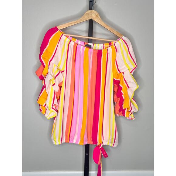 Vince Camuto Striped Off The Shoulder Bubble Sleeve Tie Front Blouse Multi M NWT - Picture 3 of 7